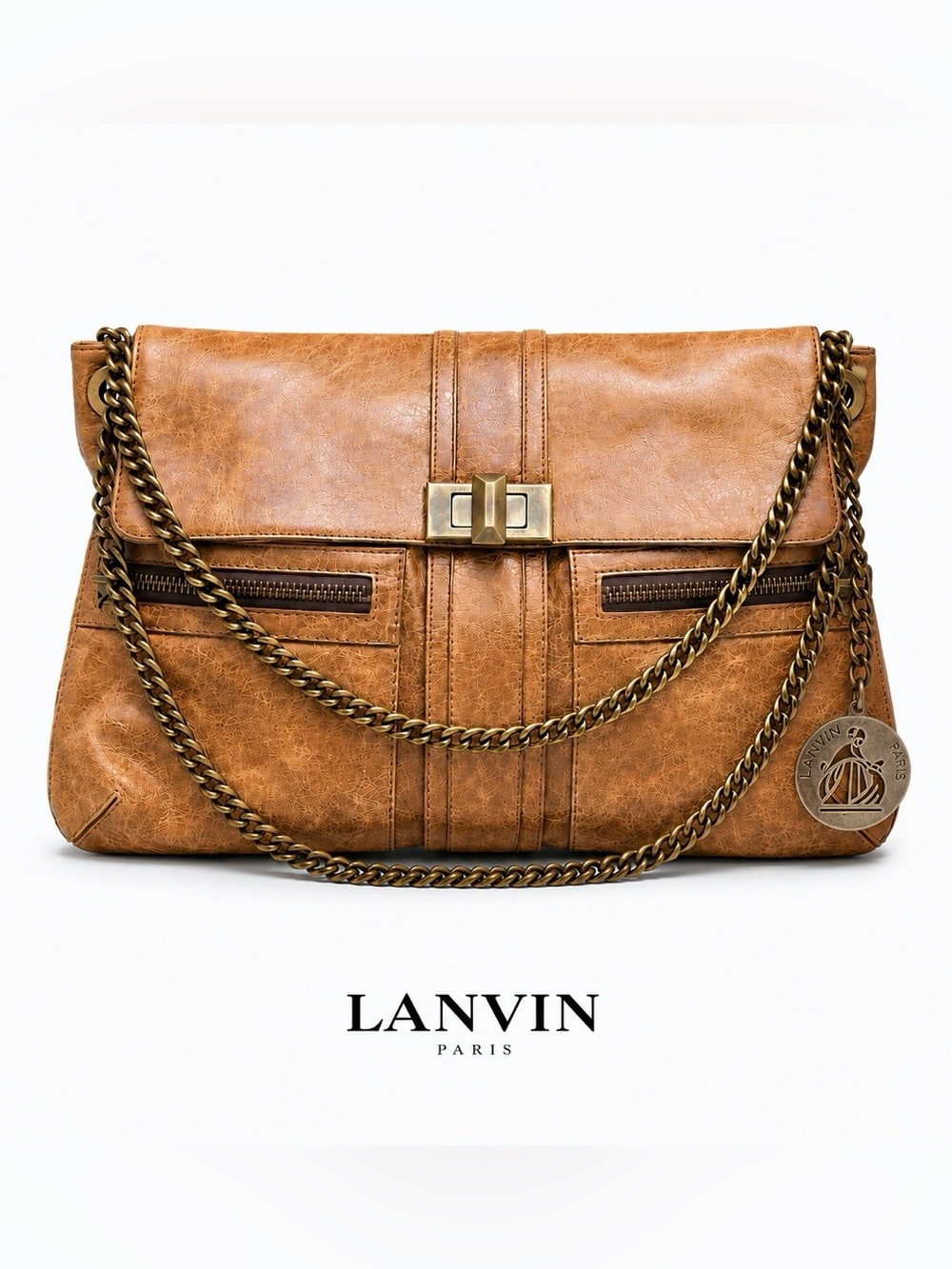 NWT!  LANVIN Hero Brown Leather Shoulder Bag With Chained Straps